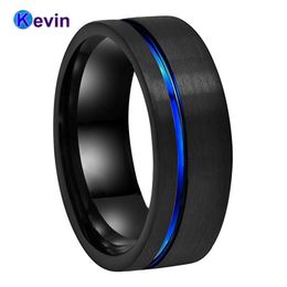 Rings Men Women Black Blue Wedding Band Tungsten Carbide Ring With Offset Groove Pipe Cut 8MM Comfort Fit