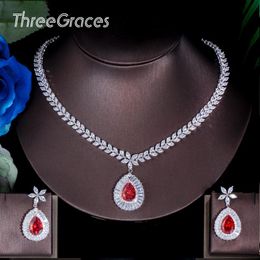 Sets ThreeGraces Gorgeous Red Cubic Zirconia Big Flower Water Drop Earrings Necklace Bridal Wedding Party Jewellery Set for Women JS174