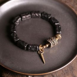 Bracelets Strip Ebony Hand Carved Beads Bracelet Do Old Unique Design Brass Charm Genuine Black Wood Men Women Stretch Wrist Jewelry