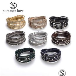 Chain New Mtilayer Magnetic Buckle Leather Wrap Bracelet For Women Men Fashion Crystal Braided Handmade Open Cuff Bracelets Trendy J Dhi6S