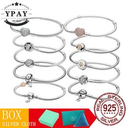 Bangle 100% Original 925 Sterling Silver Snake Chain Bracelet for Women Shining Crown O Fit Charm Beads Clips Fashion Jewellery Gift