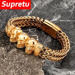 Bangle Punk Stainless Steel Skull Bracelet Charm Mens Gold Chain Hand Accessories Magnetic Fashion Wristband Jewelry Gifts Dropshipping