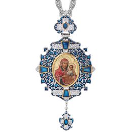 Necklaces Vintage Pectoral Cross Necklace Blue Zircons Enamel Orthodox Greek Crucifix Jewelry Chain Religious Crafts Christmas Gift