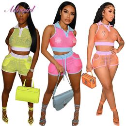 Women's Tracksuits Fitness Women Two Piece Set Colour Patchwork Fishnet Mesh Summer Suit Casual Sleeveless Crop Top Vest Shorts Outfit Trac