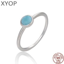 Rings 925 Sterling Silver Round Natural Gemstones Larimar Ring for Women Geometry Design Classic Simple Female Jewellery Gift Dating