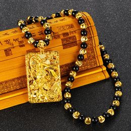 Necklaces Buddhism Blessing Dragon handcarved Pendant Necklaces for Women Men obsidian beads real 24K gold Domineering necklace jewelry