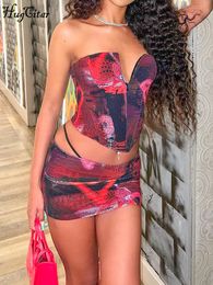 Two Piece Dress Hugcitar Strapless Print Zip Up Sexy Bodycon Crop Tube Top Skirts 2 Set Summer Women Beach Rave Vacation Party Y2K Outfit 230519