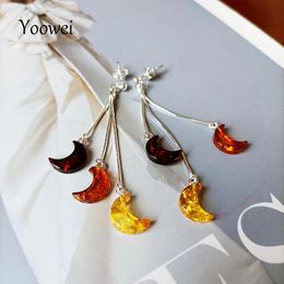 Earrings Natural Amber Earrings for Women S925 Silver Boutique Real Baltic Stone Multicolor Long Dangling Moon Ear Jewelry Gift Wholesale