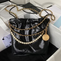 10A Retro Mirror Quality Designers Mini Pearl Bags 22 Handbag 20cm Shopping Calfskin Quilted Tote Black Purse Womens Shoulder Gold Chain Bag with Box