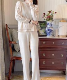 Women's Two Piece Pants French Cashmere Round Neck Pullover Top Elastic High Waist Wide Leg Trousers Sets Womens