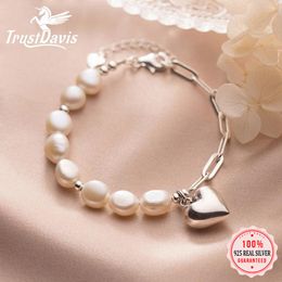 Bangle Trustdavis Luxury 925 Sterling Silver Sweet Baroque Pearl Heart Chain Bracelet For Women Sterling Silver Wedding Jewellery DA804