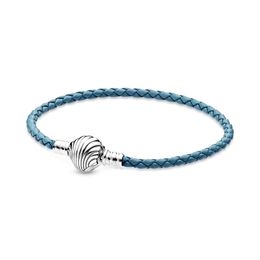 Bangle 2020 NEW 100% 925 Sterling Silver Moments Seashell Clasp Turquoise Braided Leather Bracelet For Women Original DIY Jewellery Gift