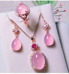 Sets JADERY NATURAL PINK CHALCEDONY JADE GEMSTONE Jewellery SETS ROSE GOLD 925 STERLING SILVER WOMEN Jewellery SET PARTY FINE Jewellery 328