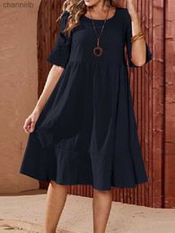 Casual Dresses Casual Pleated Dresses For Women 2022 O Neck Short Sleeve Loose Solid Ruffles Plus Size Women Vintage Clothes Midi Dress L230520