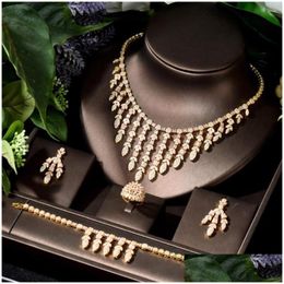 Earrings Necklace Set Fashion Simple Design Leaf Shape Fl Cubic Zirconia Earring Bracelet Ring Sets Gold Color Collections Dhgarden Dhuni