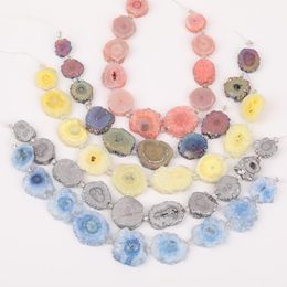 Crystal Freeform Solar Druzy Agates Slice Loose Beads Jewelry DIY Middle Drilled Druzy Geode Sun Flower Slice Beads Strands XFX174AMCE