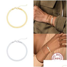 Bangle Fashion 925 Sterling Sier Bangles Bracelets Unisex Flat Snake Chain Lobster Clasp Collares Bracelet For Women Men Gift Drop D Dhfgs
