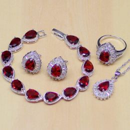 Sets Water Drop Red Ruby White Topaz 925 Sterling Silver Jewelry Sets Women Stud Earrings/Pendant/Necklace/Ring/Bracelet Gift