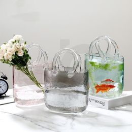 Decorative Objects Figurines Clear Glass Vase Fish Tote Bag Flower Handbag Desktop Centerpiece for School Office Bedroom Holiday Decoration 230520