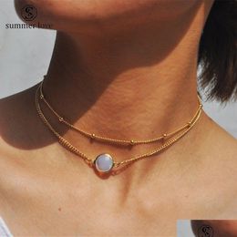 Pendant Necklaces New Bohemian Fashion Small Beads Double Charm Necklace For Women Round Gemstone Gold Chain Choker Party Jewellery Dr Dhjlz
