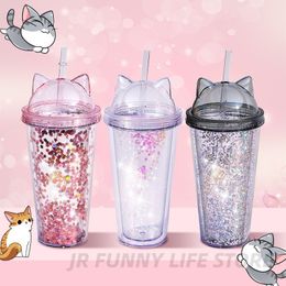 Tumblers 420ml Cat Ear Water Bottle For Girls with Sequins BPA FREE Double wall Tumbler straw reusable Smoothie Cup Drinkware 230520