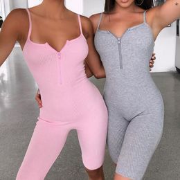 Womens Jumpsuits Rompers Backless Bodycon Playsuit Women Sexy Spaghetti Strap Ribbed Cami Jumpsuit Shorts pink Zip Up Party Club Romper 230520