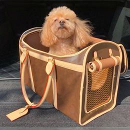 Classic Print Dog Carrier Bag Coated Canvas Adjustable Shoulder Strap Designer Pet Supplies Natural Leather Trim Washable Textile Lining Handbag