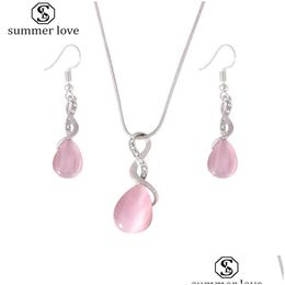 Pendant Necklaces New Arrival Pink Opal Waterdrop Necklace Earring Set For Women Elegant Infinite Charm Statement Jewellery Drop Deliv Dhhua