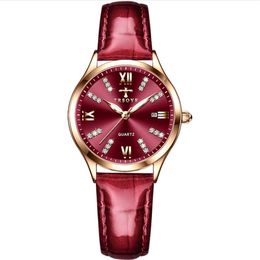 TRSOYE Brand Wine Red Dial Temperament Womens Watch Breathable Leather Strap Ladies Watches Luminous Function Trendy Wristwatches243J