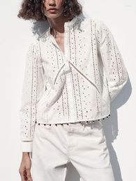 Women's Blouses Shirts & 2023 Fashion Cutwork Embroidery Blouse Women Round Neck Front Button-Up Beaded Hem White Shirt Long Sleeve Top