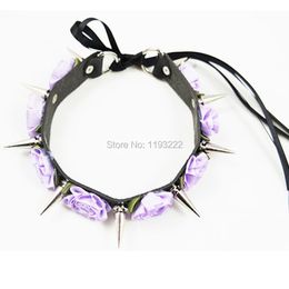 Necklaces Girl Kawaii Lolita Handmade Leather Flower Spikes Spiked Collar LACE UP Punk Choker Necklace