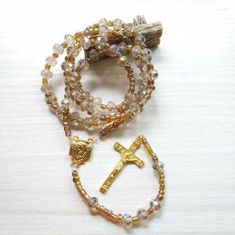 Pendant Necklaces CottvoCatholic Gold Colour Christ Jesus Cross Necklace Transparent Brown Rosary Beaded Chain Jewellery Gift