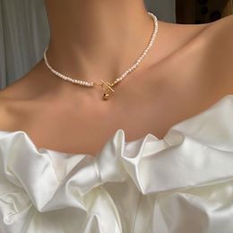 Necklaces Brass With 18K Gold Natural Pearl OT Chains Necklace Women Jewellery Designer T Show Runway Sweety Boho Japan Korean Sample Trendy