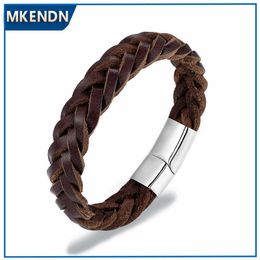 Bangle MKENDN 2021 Fashion Stainless Steel Chain Genuine Leather Bracelet Men Vintage Simple Male Braid Jewellery for women