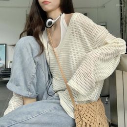 Women's T Shirts 2023 Summer Korean V-neck Sexy Hollow Loose Casual Knit Long-sleeved T-shirt Women Backless White Camisole Two-piece Suit