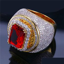 Cluster Rings Hip Hop Gold Plated For Man Esign Cubic Zirconia Red Gem Hiphop Ring Mens Fashion Diamond Jewellery Drop Delivery Dhros