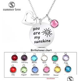 Pendant Necklaces High Quality You Are My Sunshine 12 Color Birthstone Heart Charm Necklace For Women Girls Sier Plating Chain Fashi Dhlbw