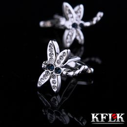 KFLK Jewellery shirt Fashion cufflinks for mens Brand Blue Crystal Dragonfly Cuff links animal Buttons High Quality guests