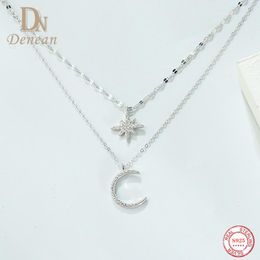Necklaces Denean 925 Sterling Silver Star Moon Double Layered Pendant Necklace Zircon Diamond Choker Necklace for Women luxury jewelry
