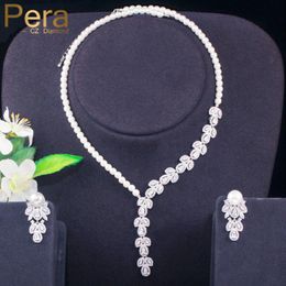 Necklace Pera Fashion Brand Wedding Jewelry Long Dangle CZ Crystal Leaf Bridal Simulated Pearl Neckalce Earrings Set for Brides J345