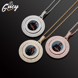 Necklaces GUCY Custom Made Photo Rotating Roundness Solid Back Pendant Necklace With Tennis Chain Cubic Zircon Hip Hop Jewelry For Gift