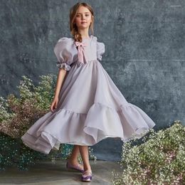 Girl Dresses Tea-Length Flower Elegant With Bow Puffy Princess Gowns Short Sleeve O-Neck A-Line Ruffles Party Dress