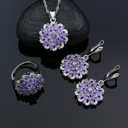 Sets 925 Sterling Silver Bridal Jewellery Set For Women Purple Cubic Zirconia Crystal Earrings/Ring/Pendant/Necklace Set