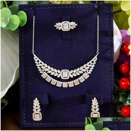 Earrings Necklace Set Godki Charms 3Pcs Ring Earring For Women Party Cubic Zircon Cz Dubai Bridal Jewellery Bijoux F Dhgarden Dhcsp