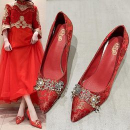 Dress Shoes Luxury Women Wedding High Heels Beads Stile Silk Pumps Pointed Toe Party Sexy Thin Autumn Spring 2023