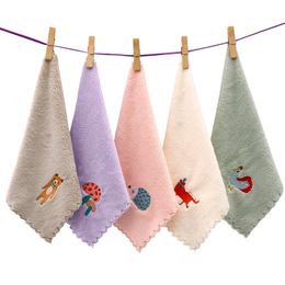 1Pc 25x25cm Coral Velvet Soft Hand Lace Cartoon Animal Embroidered Kids Children Handkerchief Small Square Towel