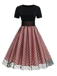 Party Dresses SISHION Short Sleeve Mesh Tulle Patchwork Pink Dress VD3495 Polka Dots Elegant Vintage For Women