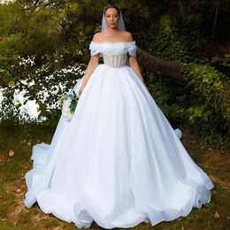 Pearls Ball Gown Wedding Dresses Off The Shoulder Pleat Neckline Bridal Gowns Exposed Boning Garden Vestidos De Mariage