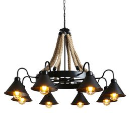 Industrial Vintage Pendant Light Farmhouse Chandelier with Metal Shade Hemp Rope Pendant Lamp for Bar Living Room