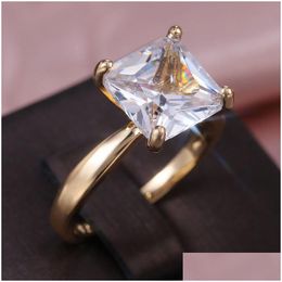 Solitaire Ring Gold Sier Rosegold Colour Square Shape Fashion Princess Cut For Women Pave Zircon Diamond Stone Wedding Rings Drop Del Dhjj7